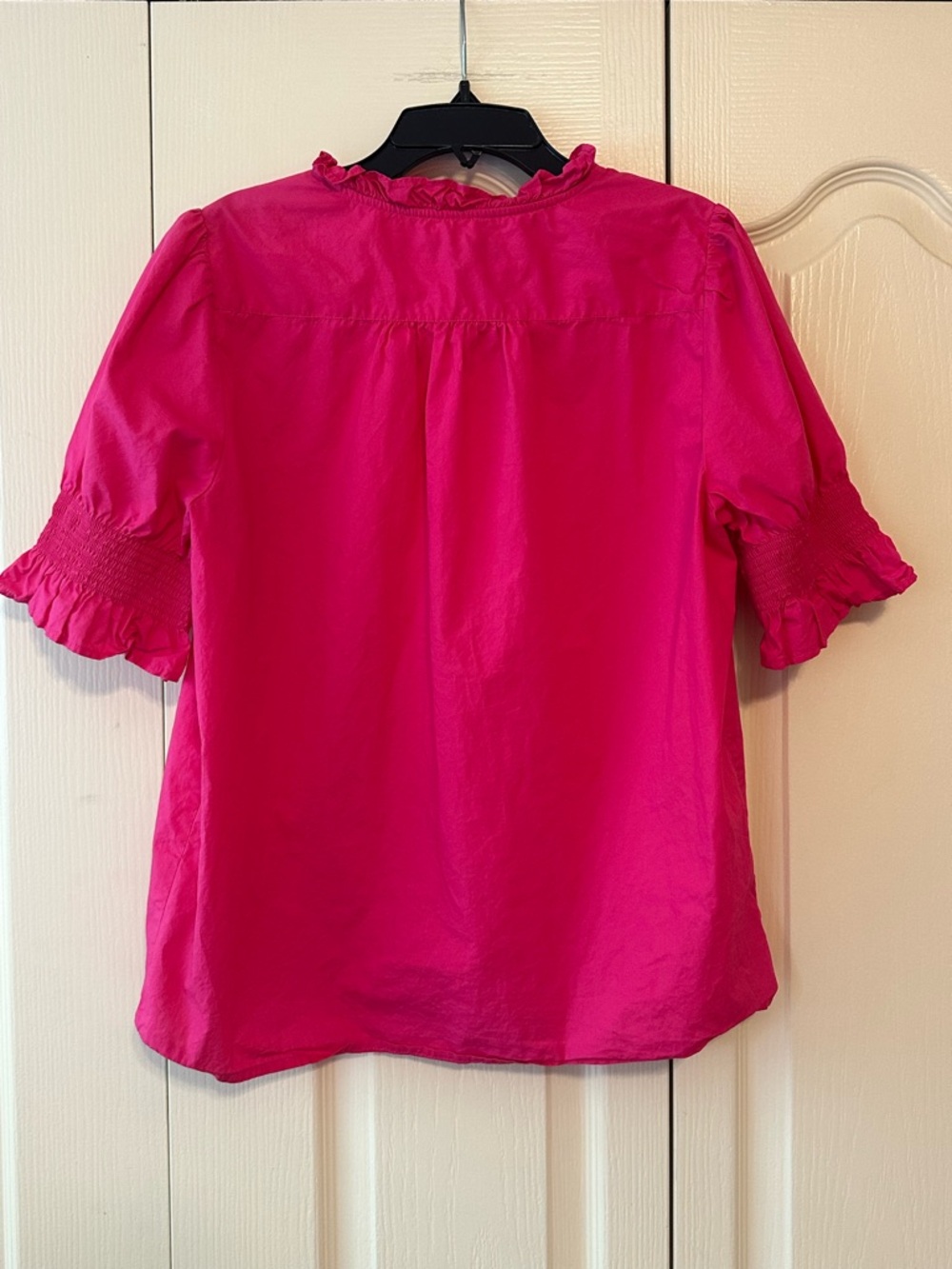 J. Crew Women’s Bright Pink Ruffle Neck Short Sleeve Blouse Sz. M - Picture 2 of 7